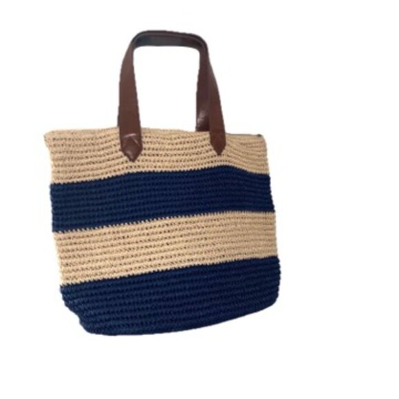 Sun'N'Sand Handbags - SunNSand Woven Jute Beach Tote Bag Zip Top Navy Tan Stripe 18wx14.5hx6.5"d EUC